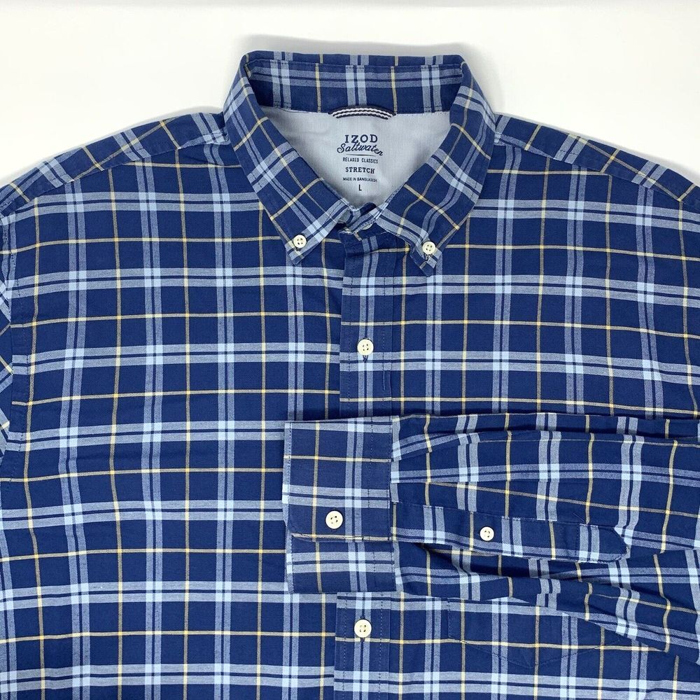 IZOD Saltwater Stretch Blue Plaid Long Sleeve‎ Button Up Men's Shirt Size Large